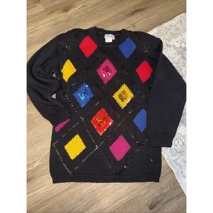 HABERDASHERY Vintage Petite Black Geometric Diamond & Sequin Sweater ~ Small P